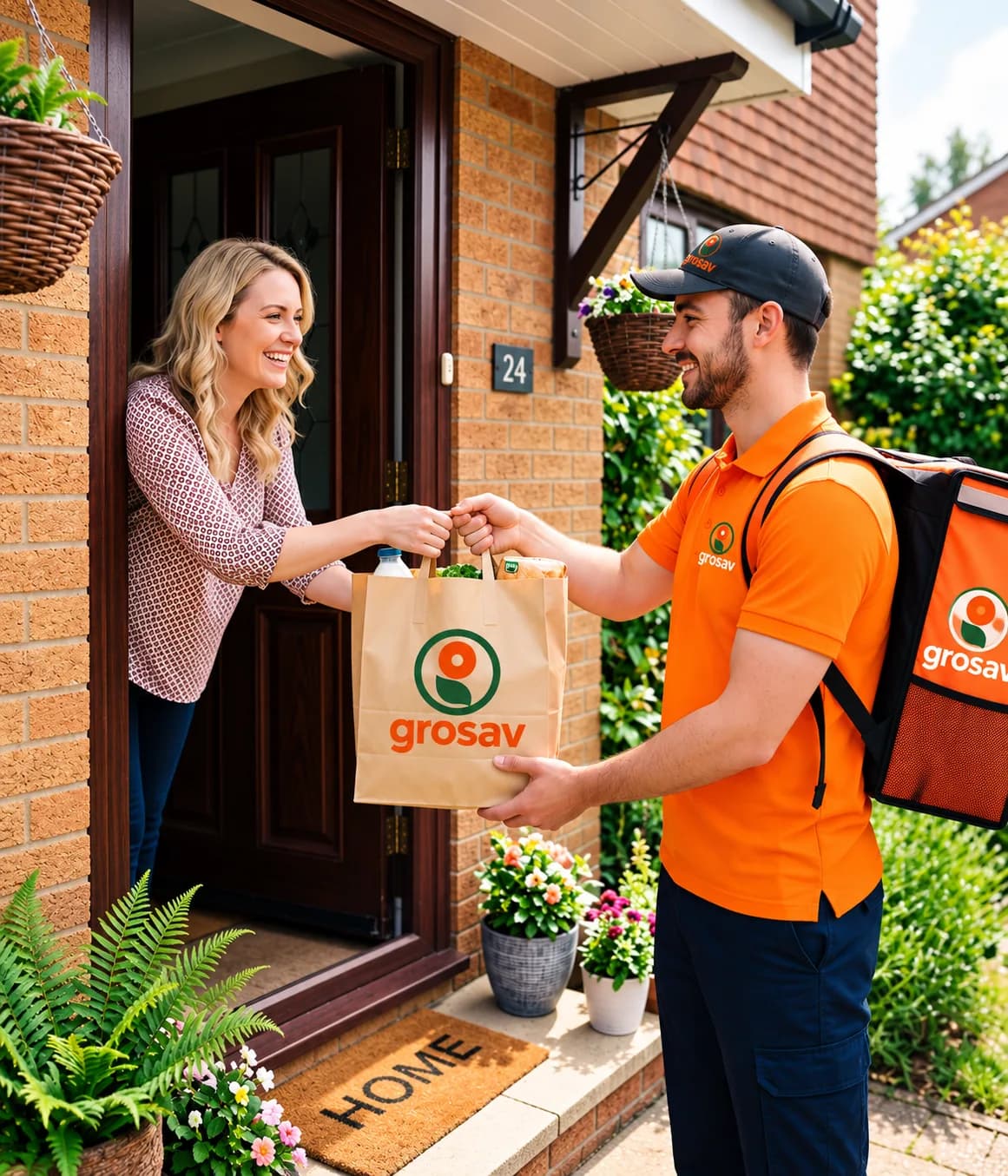 A Grosav rider handing a grocery bag to a customer at her door